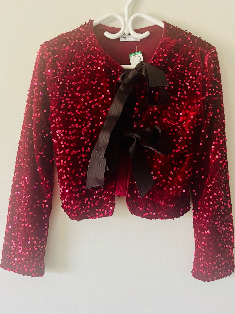 Red Sequin Cropped Velvet Top with Black Ribbon Tie